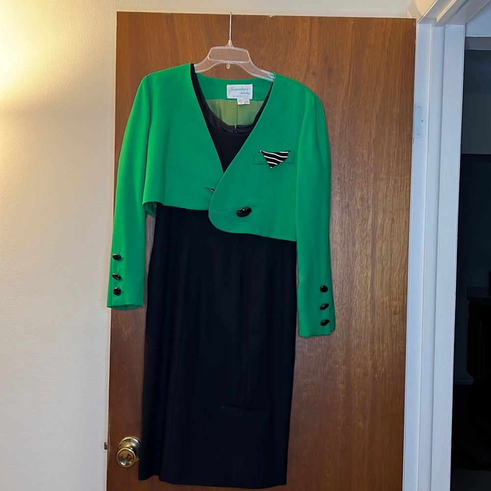Little black dress and green blazer